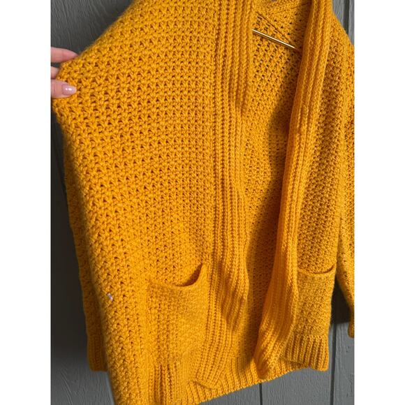 Vintage Hand Knit Chunky Cardigan Sweater Mustard Yellow Open Front Pockets - Picture 3 of 5